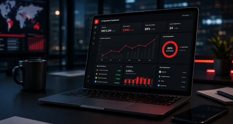 AI Operations Dashboard showing revenue, productivity and automation metrics