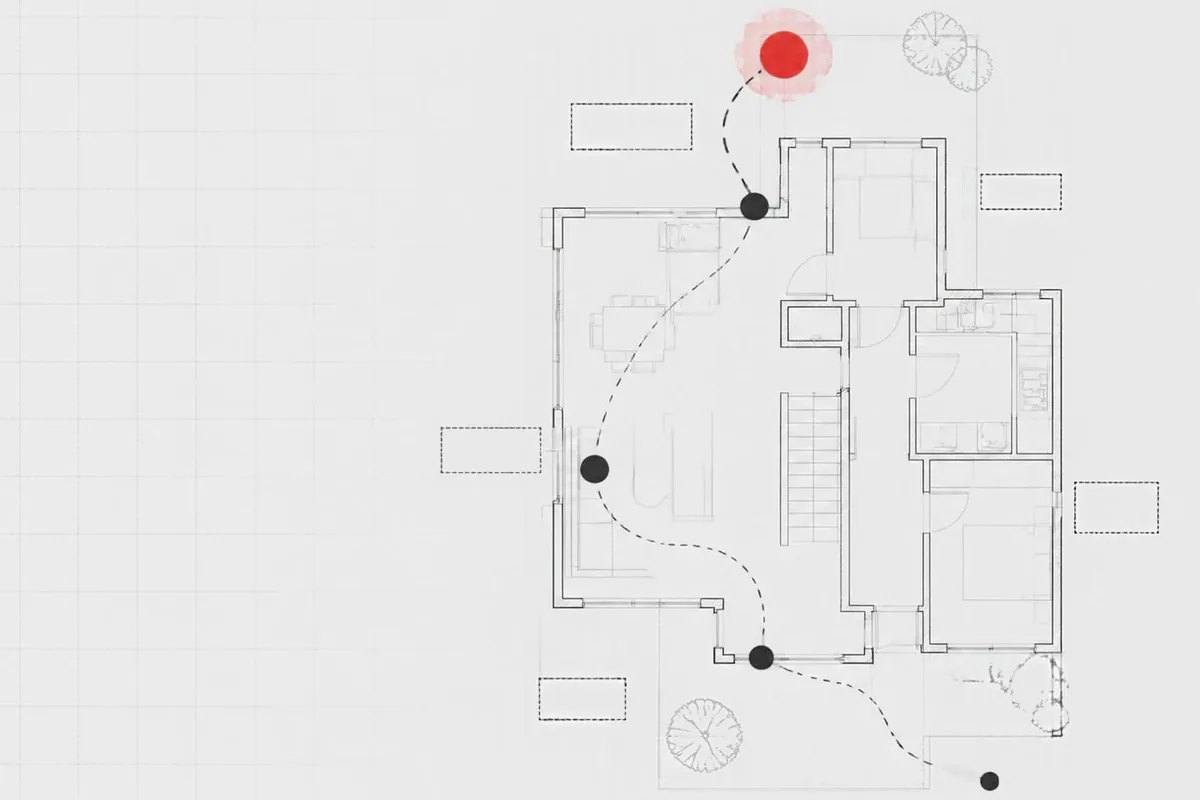 A route across a map with waypoints that grow in size, showing opportunities found in priority order