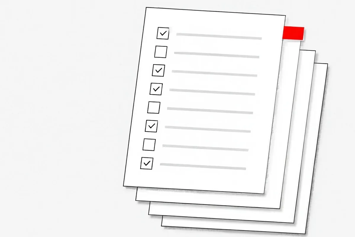 A stack of checklist pages with ticked boxes, representing a self-service assessment guide