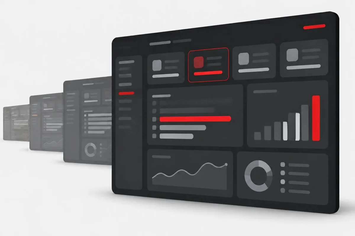 One system dashboard in front of identical copies behind it, showing one product used by many firms