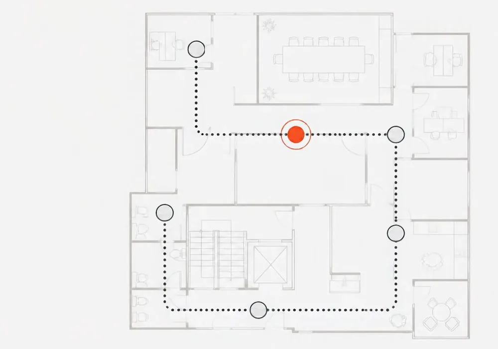 A floor plan with a dotted patrol route linking checkpoints, representing a management system for security firms